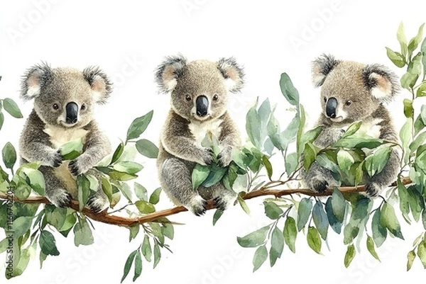 Obraz Three koalas sitting on branches, surrounded by green leaves.