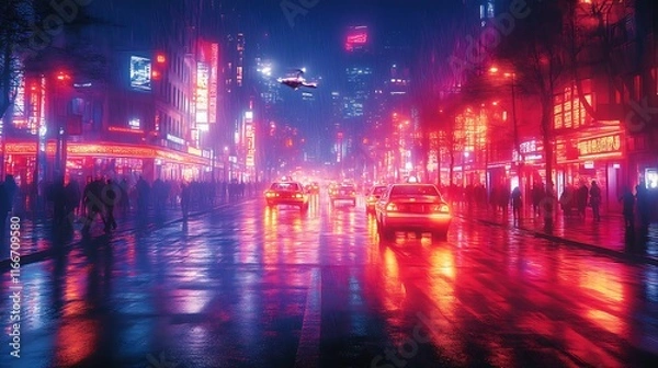 Obraz Cyberpunk city street at night, rain reflecting neon lights, drone flying.