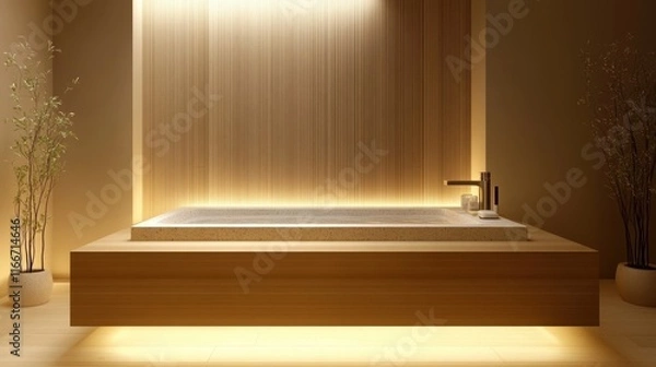 Obraz Elegant Modern Japanese Bathroom with Hinoki Wood and Stone Bathtub