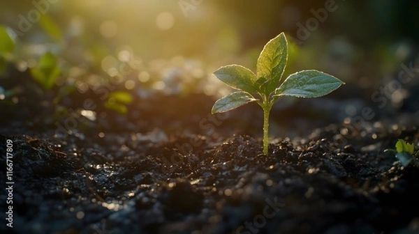 Obraz A fresh sprout in the soil illuminated by warm sunlight, soft natural light gently touching the young plant's leaves and the soil