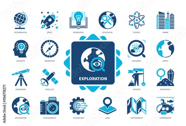 Obraz Exploration icon set. Space, Curiosity, Underwater, Photography, Cartography, Discovery, Astronomy, Technology. Duotone color solid icons