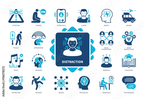 Obraz Distraction icon set. Attention, Hunger, Daydreaming, Anxiety, Source, Fatigue, Worrying, Illness. Duotone color solid icons
