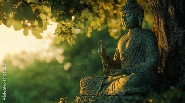 Obraz Statue of meditating Buddha under the Bodhi tree, traditional buddhism style, green and golden hues