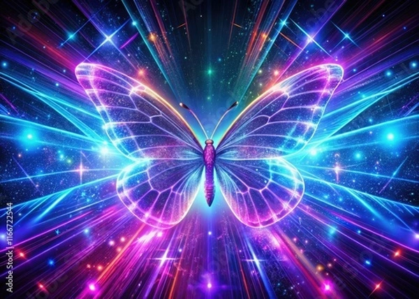 Obraz A cosmic butterfly, bathed in ultraviolet neon, unfolds across a breathtaking 3D-rendered panoramic backdrop.