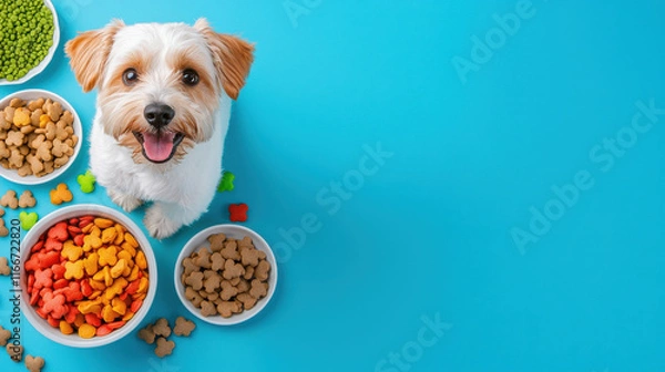 Fototapeta happy dog sits next to colorful bowls of pet food, eagerly anticipating meal. vibrant colors of food contrast with blue background, creating cheerful scene
