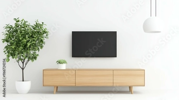 Fototapeta A television is mounted on the wall above a wooden entertainment center