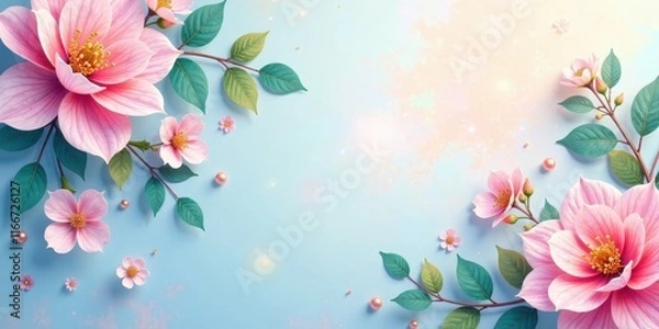 Fototapeta Delicate Pink Blossoms and Lush Green Leaves with Soft Pastel Background Featuring Scattered Pearls A Serene Floral Design
