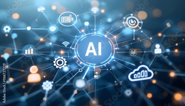 Fototapeta Artificial Intelligence (AI), Digital Network and Technology Concept, AI Technology, Interconnected Network of Data and User Icons, Future of AI, Abstract Digital Illustration of Artificial Intelligen