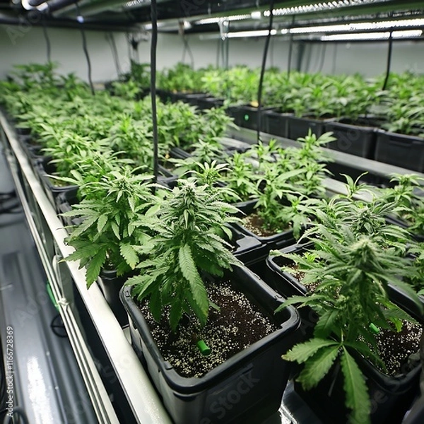 Obraz Indoor Cannabis Cultivation: A View of Rows of Thriving Marijuana Plants Under Artificial Grow Lights in a Modern Hydroponic Setup