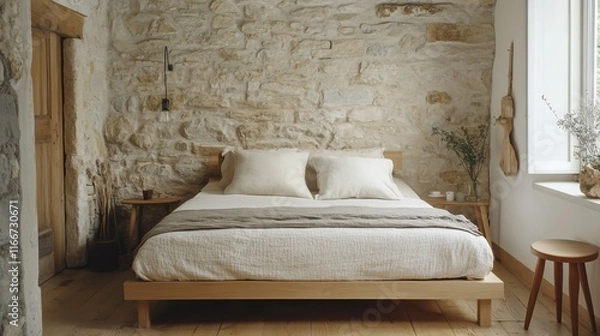 Fototapeta Rustic Bedroom with Stone Wall and Minimalist Decor