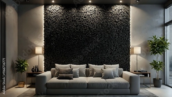 Fototapeta Modern living room interior design with a grey sofa against a unique 3D wall. Stylish and sophisticated home decor.