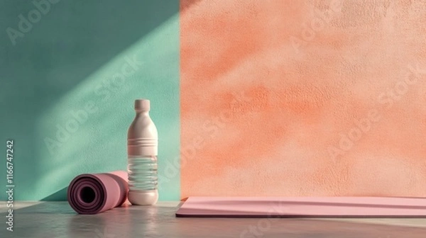 Fototapeta Mineral water bottles and mats ready to accompany yoga activities on a plain background placed on a flat surface, simple tools and a place that supports a combination of colors