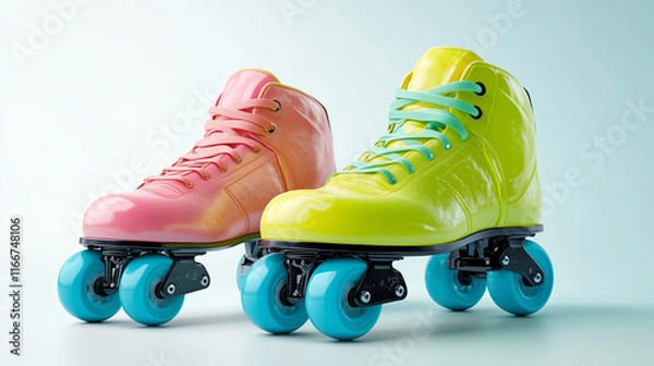 Fototapeta Pair of roller skates in pastel colors, isolated on white background for fun activities