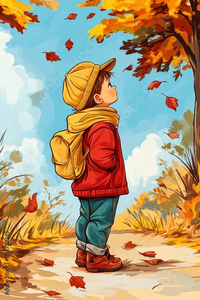 Obraz Autumn Child.  AI generated image.  A digital illustration of a cartoon of a child looking up at autumn leaves in a tree.