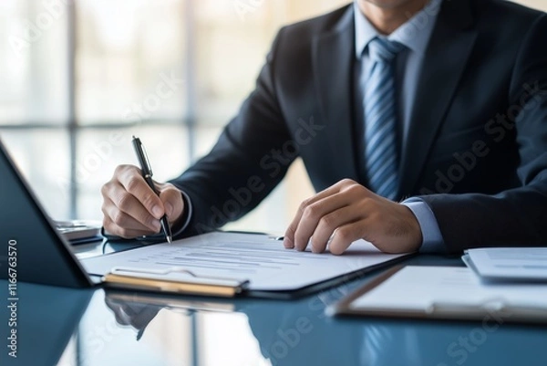 Obraz Human resources and management theme focusing on an employee manually filling out paperwork and completing a checklist on a clipboard, highlighting a hands-on approach