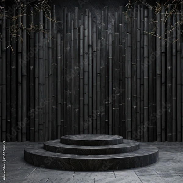Fototapeta Empty dark wooden stage podium platform with three step design for product display presentation ceremony or award show event  Clean and modern minimalist abstract background