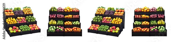 Fototapeta Four rows of fruit and vegetables are displayed in a store
