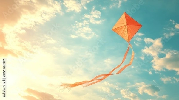 Fototapeta Kites flying in the sky with cinematic background with various beautiful shapes floating simple with long ribbon tail flying high on a sunny day with blur effect