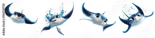 Fototapeta Four cartoon fish with their mouths open and their eyes closed