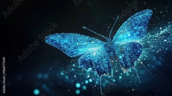Fototapeta This nocturnal butterfly's latest technological display emerges from digital data and binary code, flying in a dark space with glowing particles surrounding it