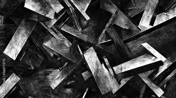 Fototapeta Abstract composition of overlapping metallic shapes creating a dynamic, textured surface.