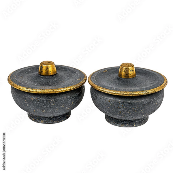 Obraz Two decorative bowls with lids, featuring a dark texture and golden accents, showcasing elegant craftsmanship.