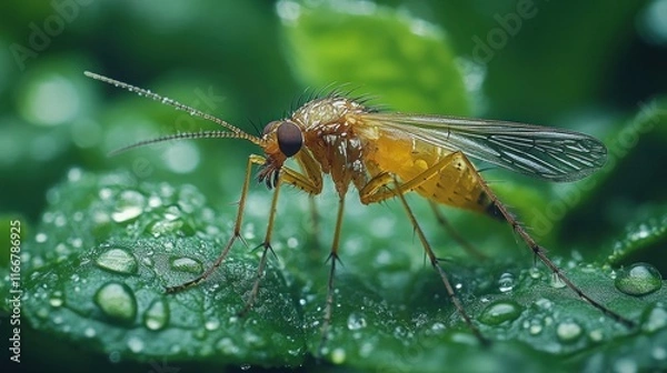 Fototapeta Close-up of a yellow fly on a dew-covered leaf.