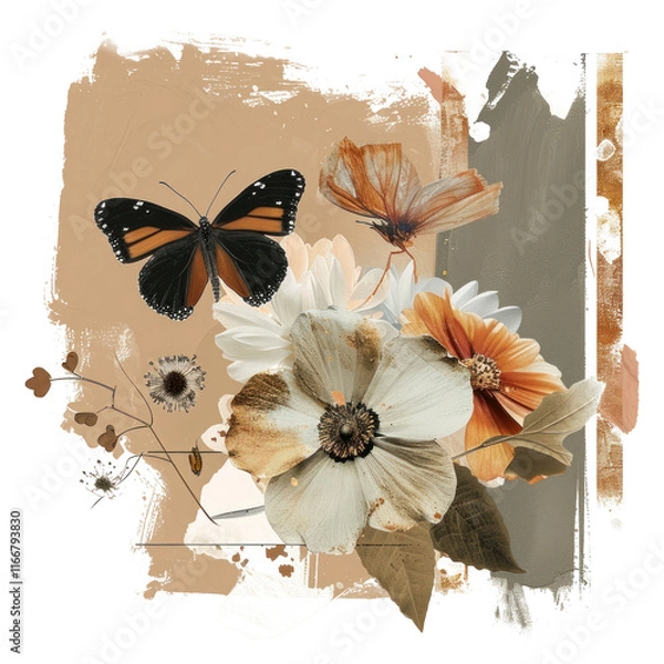 Obraz PNG  Flower and butterfly a earth tone brush stroke collage painting pattern.