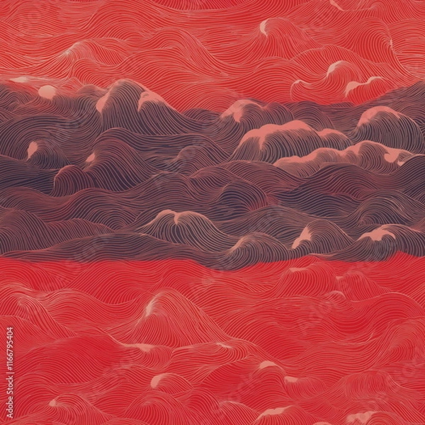 Fototapeta A series of waves and waves with a red seamless pattern background