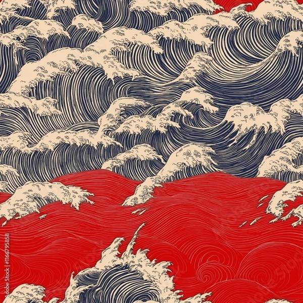 Fototapeta A series of waves and waves with a red seamless pattern background