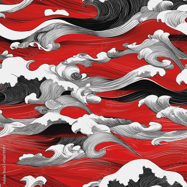 Fototapeta A series of waves and waves with a red seamless pattern background