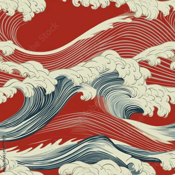 Fototapeta A series of waves and waves with a red seamless pattern background