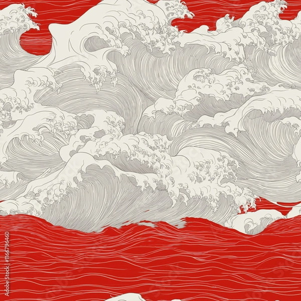 Fototapeta A series of waves and waves with a red seamless pattern background
