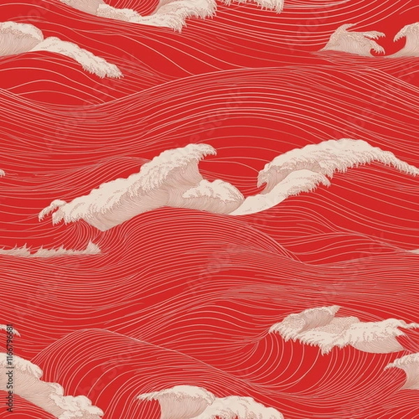 Fototapeta A series of waves and waves with a red seamless pattern background
