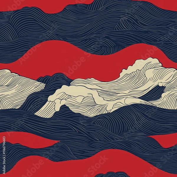 Fototapeta A series of waves and waves with a red seamless pattern background