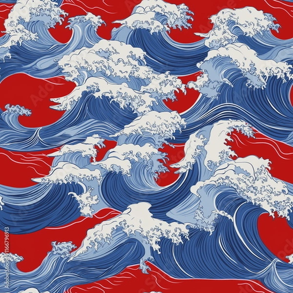 Fototapeta A series of waves and waves with a red seamless pattern background