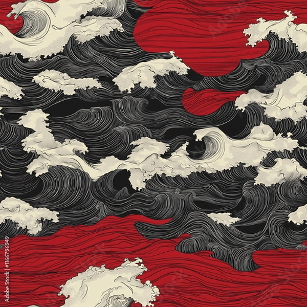 Fototapeta A series of waves and waves with a red seamless pattern background