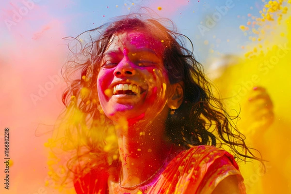 Fototapeta Against the backdrop of a colorful Holi festival, an Indian girl joyfully splashes vibrant colors on her friends, their laughter echoing the joy of celebration and the triumph of good over evil.