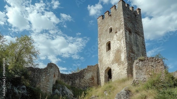 Fototapeta Ancient stone castle ruins with a tall tower under a blue sky and fluffy clouds amidst lush greenery and rocky terrain