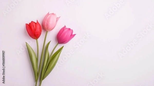 Fototapeta Three colorful tulips arranged on a light background.