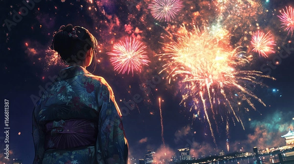 Obraz Back view of woman in yukata looking up at fireworks