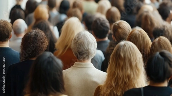 Fototapeta Diverse crowd of people waiting in line at a service point highlighting social interaction and community dynamics in a public setting