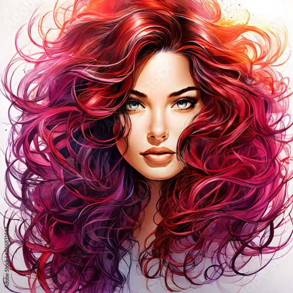 Fototapeta Woman with curly hairstyle for Beauty Model Cosmetic Haircare Glamour Makeup Lady Salon Hairstyle Advertisement drawing illustration