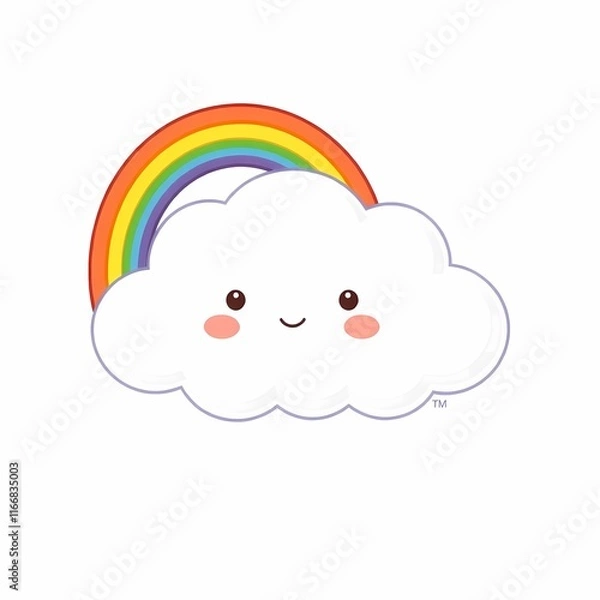 Fototapeta Happy Cloud with Rainbow: Cute cartoon cloud smiling beneath a vibrant rainbow. Perfect for children's illustrations, weather-themed designs, or cheerful branding.