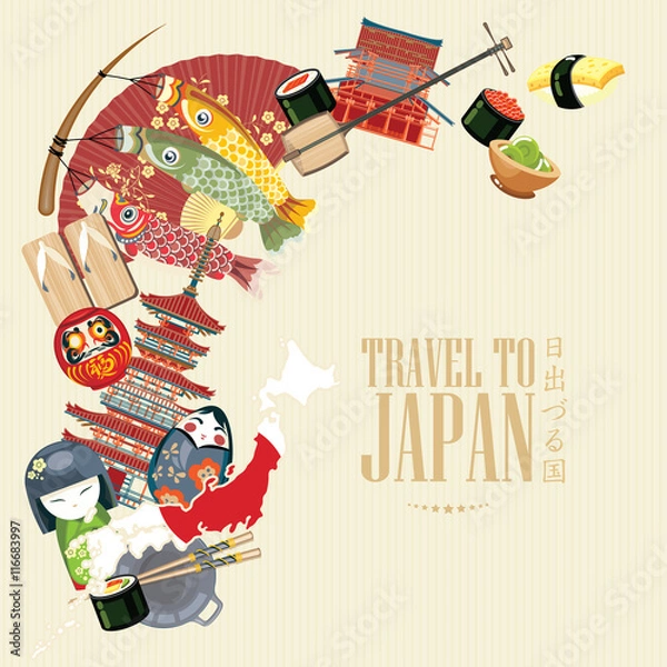 Obraz Gorgeous Japan travel poster - travel to Japan. Word - Japan in Japanese. Sentence -  Land of the rising sun in Japanese words. Vector illustration with travel place and landmark.