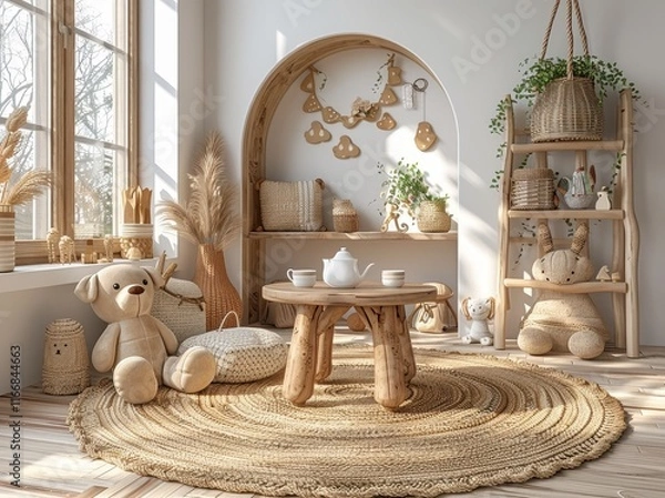 Obraz Scandinavian Children's Room with Wooden Toys and Tea Party Table – 3D Rendering

