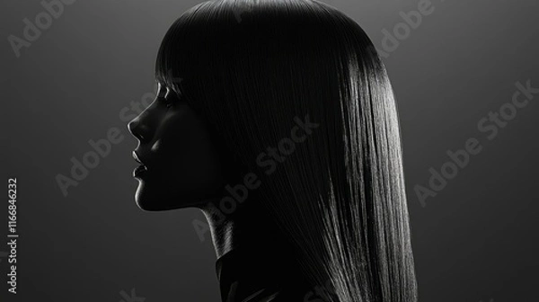 Obraz A sleek hairstyle poster featuring long, straight hair styled with a deep side part and a mirror-like shine.