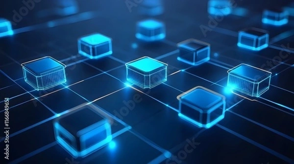 Obraz Interconnected glowing blue network of digital nodes creating geometric abstract shapes against a sleek dark gradient background in a minimalist high tech style