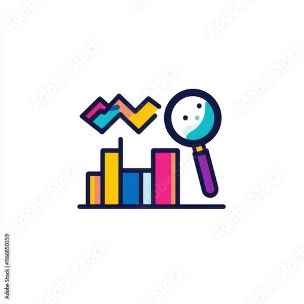 Obraz Colorful data analysis illustration with a magnifying glass examining bar graphs and line charts.