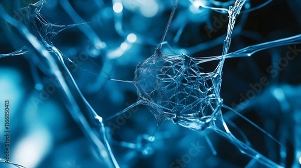 Fototapeta Luminous digital network of interconnected blue nodes creating abstract geometric patterns on a deep futuristic background with a clean sharp and minimalist design and a depth of field effect